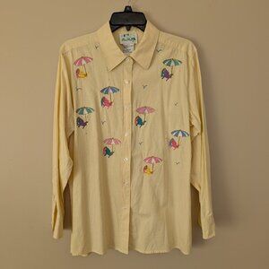 VINTAGE The Quacker Factory Medium yellow beach umbrella embroidered blouse EUC